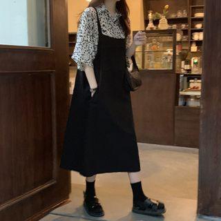 Set: Short Sleeve Leopard Print Shirt + A-line Pinafore Dress