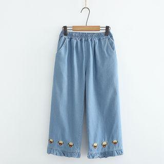 Dog Embroidered Straight Leg Jeans