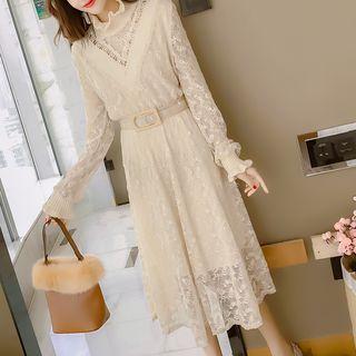 Knit Panel Long-sleeve Midi Lace Dress