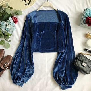 Puff-sleeve Velvet Crop Top