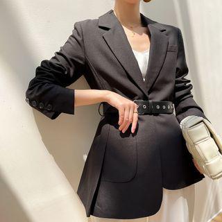 Plain Asymmetrical Slim-fit Blazer With Belt
