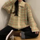 Polo-neck Plaid Cardigan Green - One Size