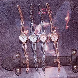 Set: Retro Bracelet Watch + Lettering Bangle + Rhinestone Clover Bangle