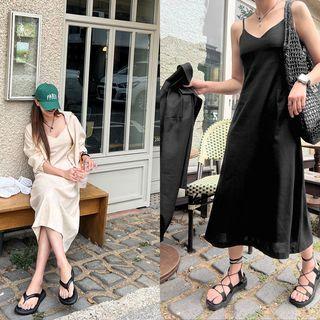 Bishop-sleeve Shirt & Flared Long Slipdress Set