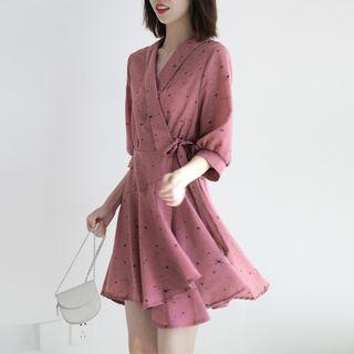 Elbow-sleeve Printed Mini A-line Wrap Dress As Shown In Figure - One Size