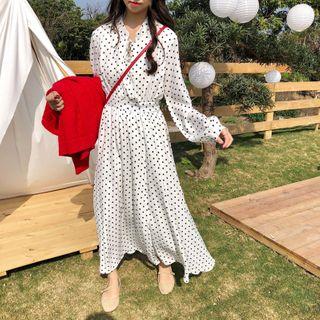 Dotted Long-sleeve Maxi A-line Dress White - One Size