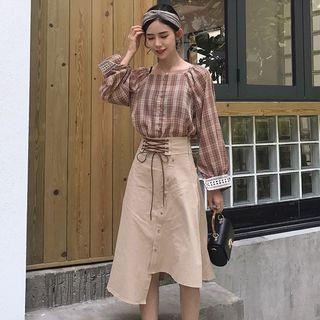 Plaid Blouse / A-line Midi Skirt