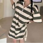 Short-sleeve Half Zip Striped Polo Collar Dress Stripe - One Size