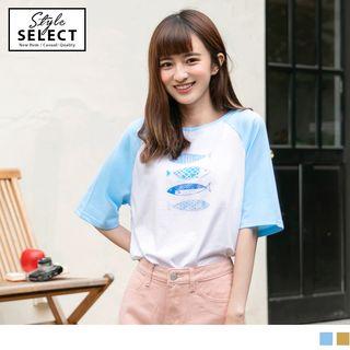 Raglan Short Sleeve Fish Print T-shirt