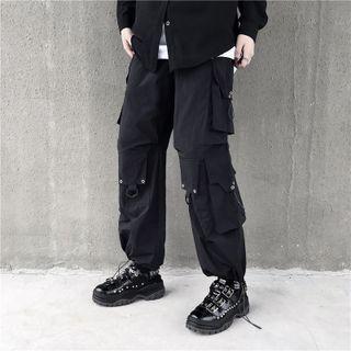 High-waist Plain Cargo Pocket Straight-cut Pants