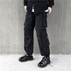 High-waist Plain Cargo Pocket Straight-cut Pants