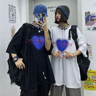 Couple Matching Elbow-sleeve Japanese Character Print T-shirt