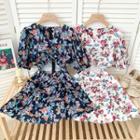 Cutout-waist Ruched Floral Mini Dress