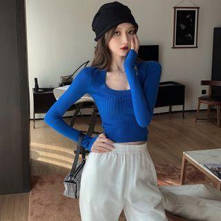 Plain Long-sleeve Slim-fit Crop Knit Top / Loose-fit Sweatpants