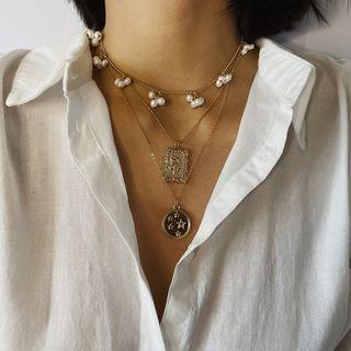 Pendant Faux Pearl Layered Necklace 2748 - Gold - One Size