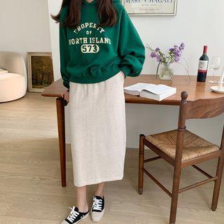 Band-waist Slit-back Long Skirt Oatmeal - One Size