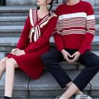 Couple Matching Striped Sweater / Long-sleeve Collared A-line Dress