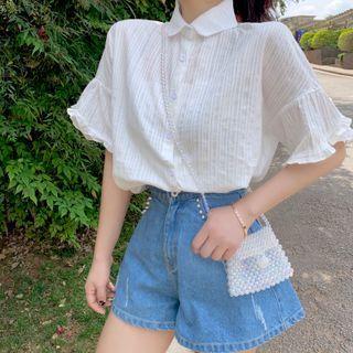 Short-sleeve Frill Trim Sheer Shirt
