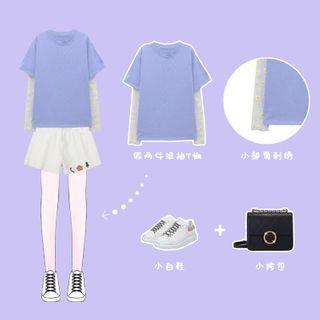 Long-sleeve Mock Two-piece Embroidered Mesh T-shirt