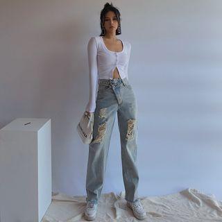 Asymmetric-waistline Distressed Straight-cut Jeans