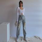 Asymmetric-waistline Distressed Straight-cut Jeans