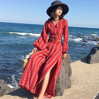 Set: Long-sleeve V-neck Crop Top + High Waist Wide-leg Pants