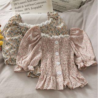 Lace-neckline Smocked Floral Top In 5 Colors