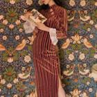 Long-sleeve Velvet Striped Qipao Dress
