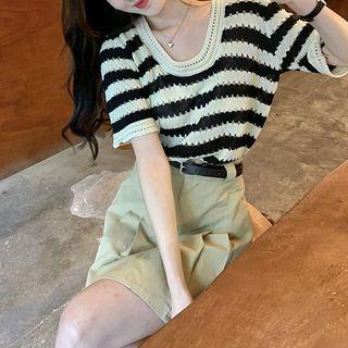 Short-sleeve Striped Pointelle Knit Top Stripes - Black & White - One Size