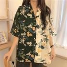 Elbow-sleeve Two-tone Floral Print Shirt