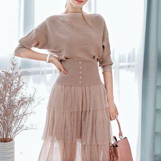 Set: Elbow-sleeve Sweater + Midi Tiered Mesh Skirt