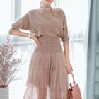 Set: Elbow-sleeve Sweater + Midi Tiered Mesh Skirt