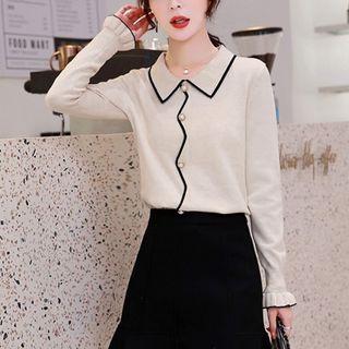 Long-sleeve Color-trim Buttoned Knit Top