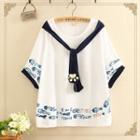 Elbow-sleeve Strapped Printed T-shirt