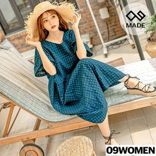 Plus Size Shirred-trim Gingham Long Dress
