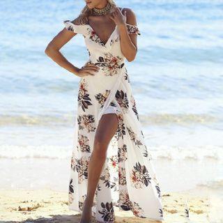 Short-sleeve Cold-shoulder Floral Print Maxi Dress