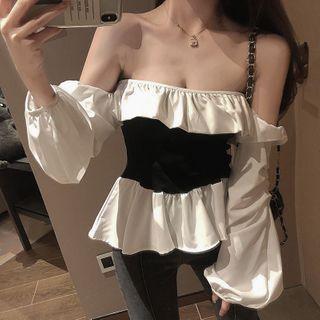 Contrast Panel Off-shoulder Ruffle Trim Blouse As Shown In Figure - One Size