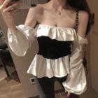 Contrast Panel Off-shoulder Ruffle Trim Blouse As Shown In Figure - One Size