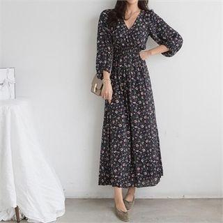 V-neck Floral Chiffon Maxi Dress Navy Blue - One Size