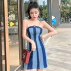 Striped Denim Placket Mini Tube Dress