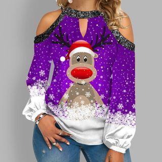 Cold-shoulder Reindeer Print Blouse
