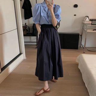 Short-sleeve Striped Blouse / High-waist Plain Skort