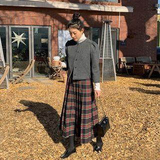 Tartan-plaid Maxi Pleat Skirt Navy Blue - One Size