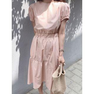 Smocked-waist Asymmetric-hem Dress