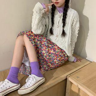 Long-sleeve High-neck Top / Floral Skirt / Sweater Jacket