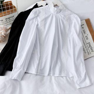 Lace-trim Stand-collar Plain Blouse