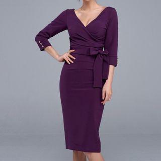 3/4-sleeve Tie-waist V-neck Sheath Dress
