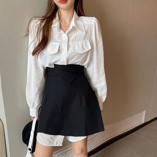 Puff-sleeve Long Shirt / Asymmetrical High-waist Mini Skirt