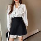 Puff-sleeve Long Shirt / Asymmetrical High-waist Mini Skirt