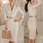 Set: 3/4-sleeve Open-collar Sheath Dress + Belt